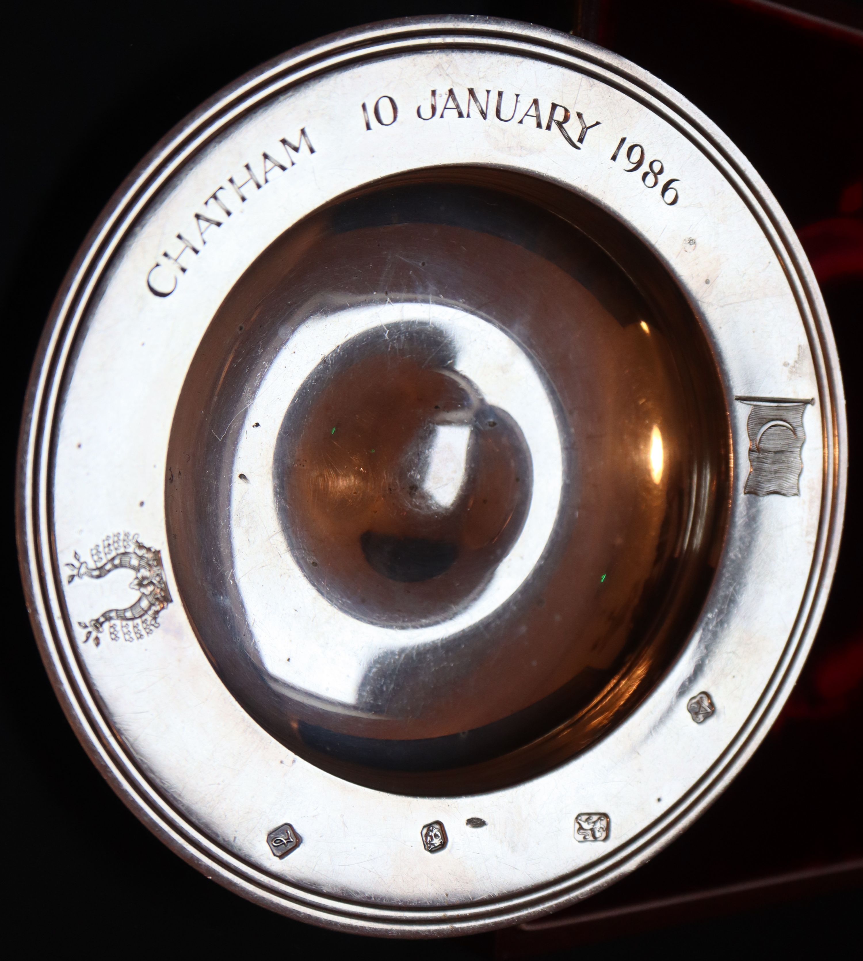 A cased modern silver Armada dish by Asprey & Co, 14.6cm, 5.5oz., in Asprey box.